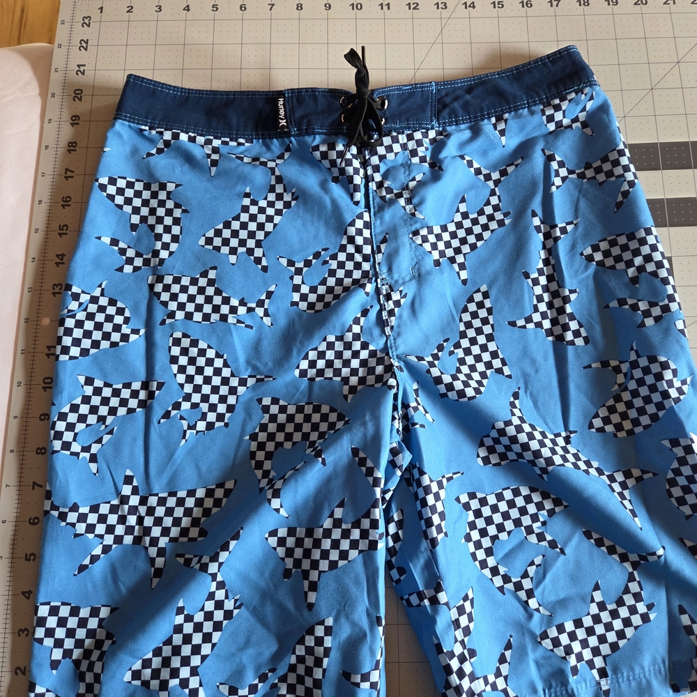 Hurley Blue and Black Checkered Shark Swim Trucks Size 20/30